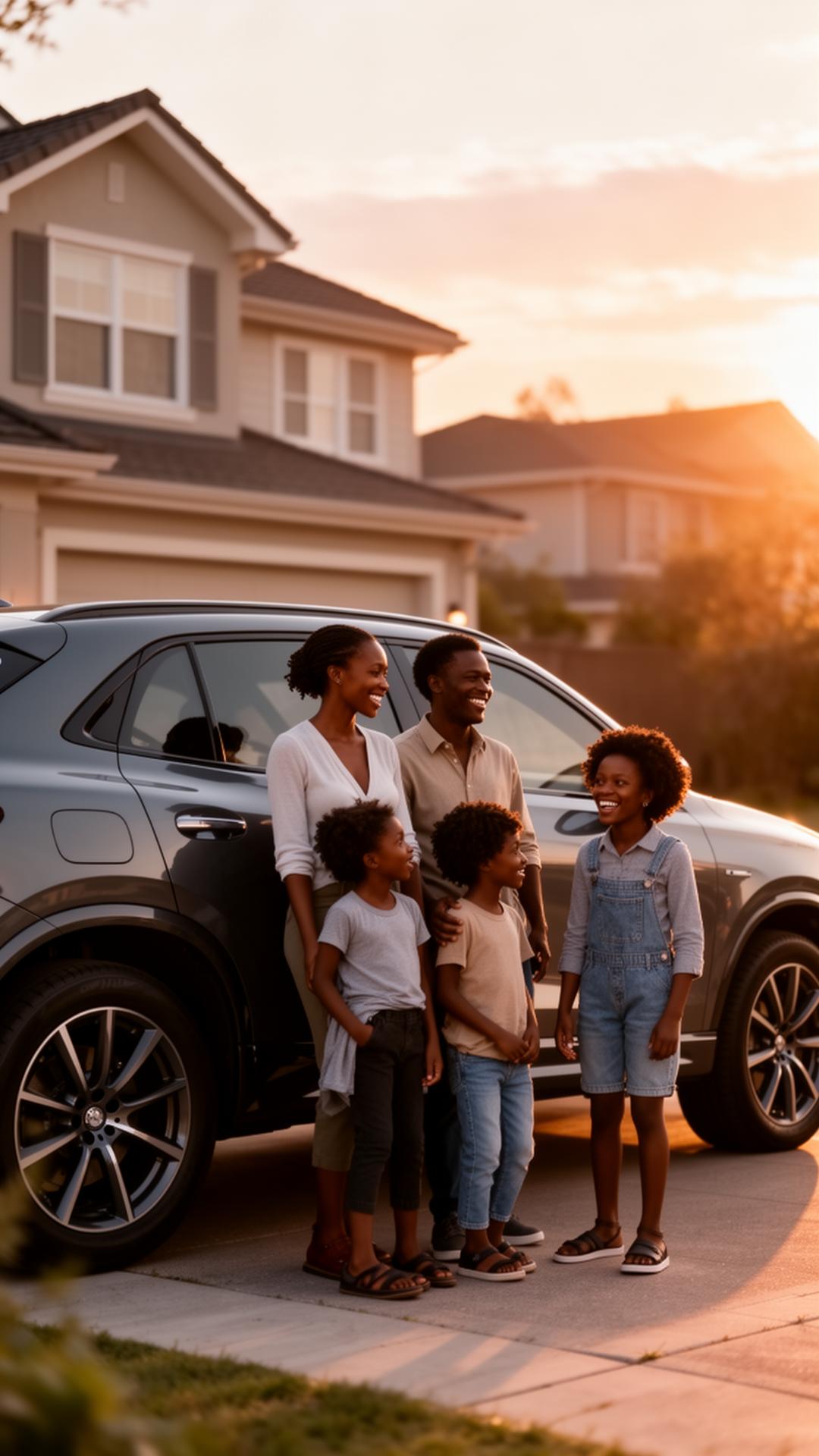 Family receiving keys to a new car